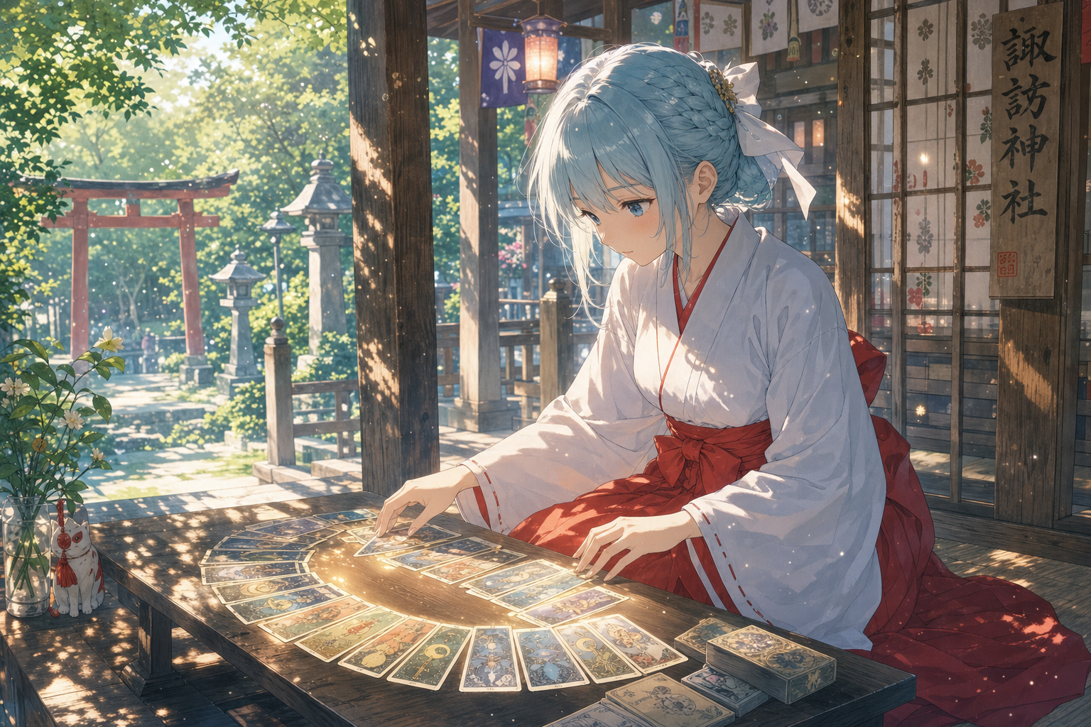 縁側でカードを広げるはるさん